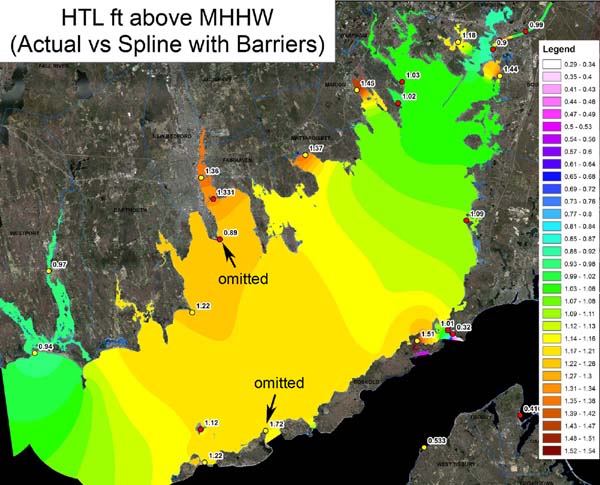 HTL elevations above MHHW around Buzzards Bay